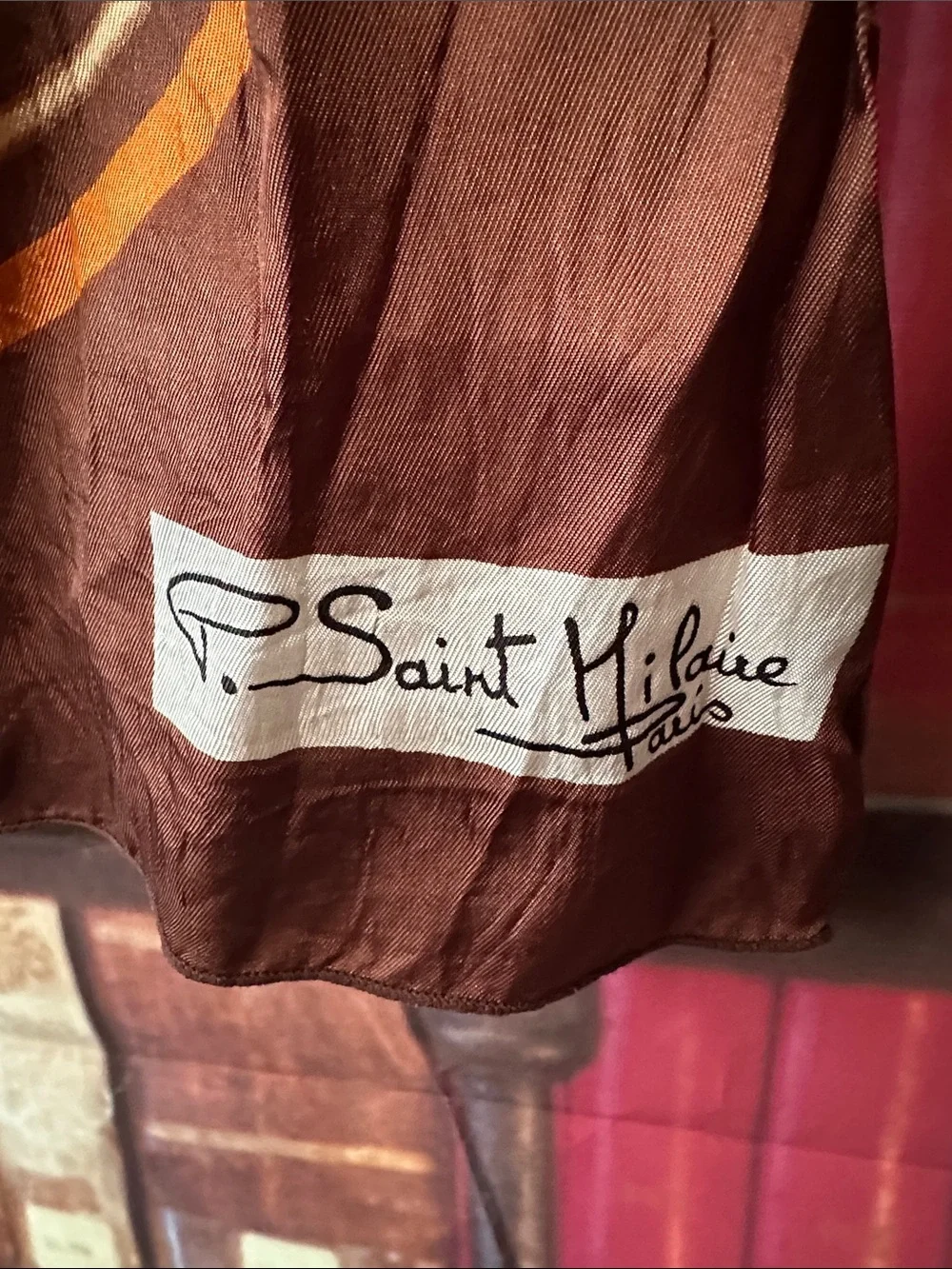 Vintage P Saint Hilaire Paris Abstract Swirl Long Scarf Brown Orange 54x17